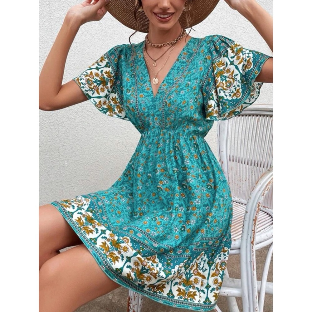 Bohemian Floral Print Butterfly Sleeve Cottagecore Dress XS S M L 1X 2X 3X 4X - Picture 2 of 5